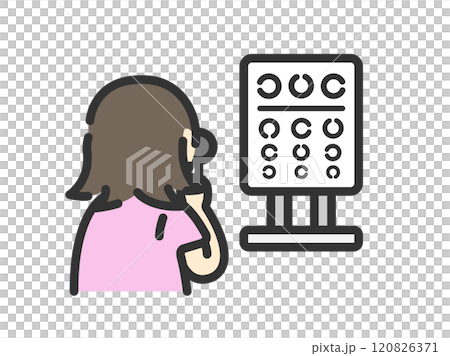 視力検査をする、女性のアイコン(線画カラー)のイラスト 視力検査をする、女性のアイコン(線画カラー)のイラスト 120826371