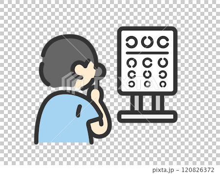 Illustration of a man taking a vision test (line drawing color) 120826372