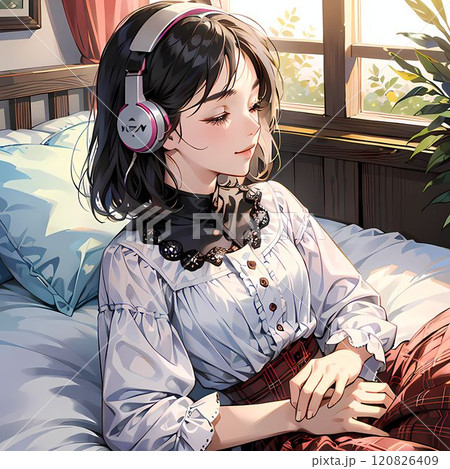 ヘッドフォンで音楽を聴く女性 120826409