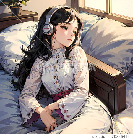 ヘッドフォンで音楽を聴く女性 120826412