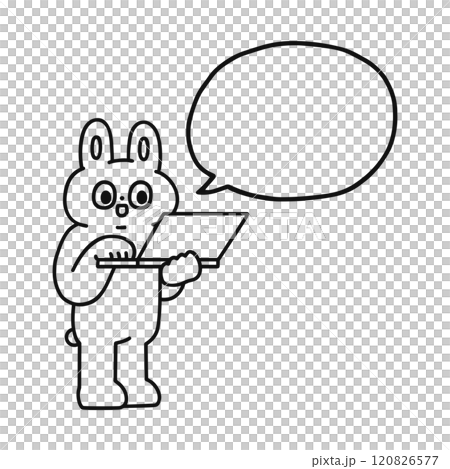 パソコンを操作するゆかいなウサギと吹き出し 線画 パソコンを操作するゆかいなウサギと吹き出し 線画 120826577