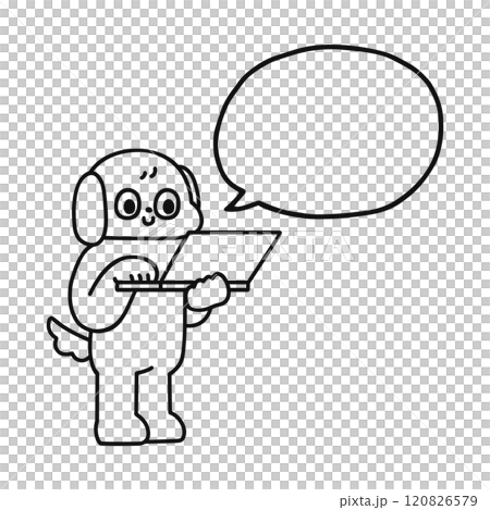 A funny dog operating a computer and a speech bubble - line drawing 120826579