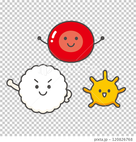 Character illustration of red blood cells, white blood cells, and platelets 120826768