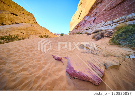 Desert Dunes and Striated Rock at Sunrise Moapa Valley Eye-Level View Desert Dunes and Striated Rock at Sunrise Moapa Valley Eye-Level View 120826857
