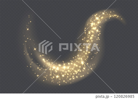 Golden magic cloud with sparkles, stardust sparkling decoration. Glowing glitter smoke trail. 120826985