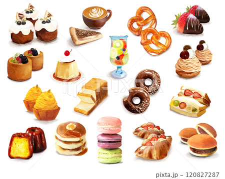 スイーツや焼き菓子の手描きイラスト詰め合わせのイラスト素材
