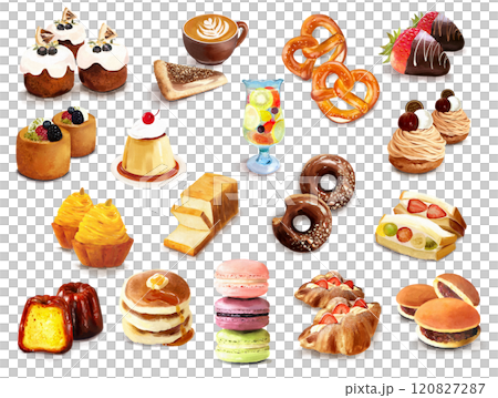 Assortment of hand-drawn illustrations of sweets and baked goods 120827287