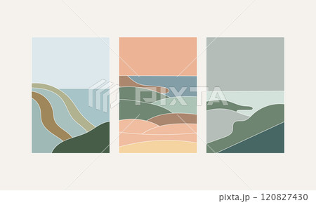 Vector illustration. Three abstract panels depicting hills by the sea. Predominant are blue, turquoise and sand tones, symbolizing water, earth and nature. 120827430