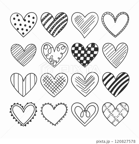 Vector illustration. A collection of black and white hearts with various patterns stripes, checkered, dots, zigzags. Vector illustration. A collection of black and white hearts with various patterns stripes, checkered, dots, zigzags. 120827578