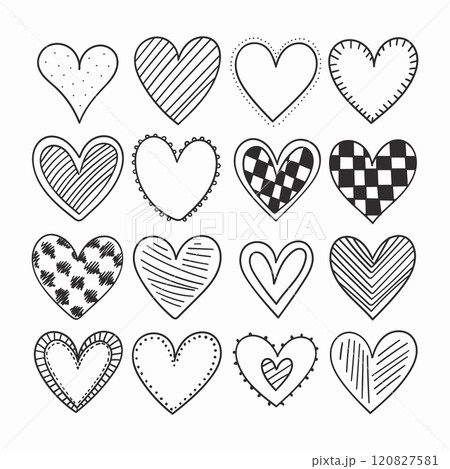 Vector illustration. a series of hearts dominated by patterns reminiscent of hand-drawn graphics, with the addition of various textures. Vector illustration. a series of hearts dominated by patterns reminiscent of hand-drawn graphics, with the addition of various textures. 120827581