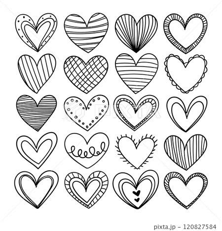 Vector illustration. A collection of black and white hearts with various patterns stripes, checkered, dots, zigzags. 120827584