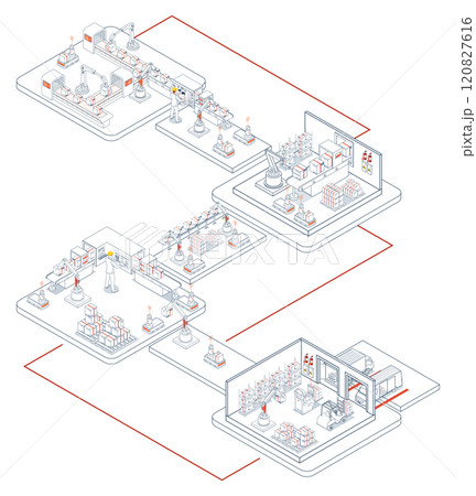 Smart Warehouse Technologies with agv robots, warehouse Automation System and Automated inventory control platforms. Vector illustration EPS 10 120827616