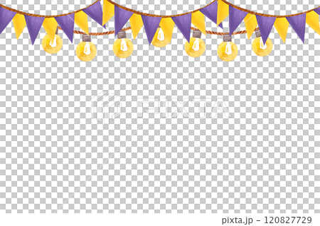 Flag and light bulbs garland seamless border isolated on white. Hand-drawn purple and yellow watercolor horizontal card, baby shower, birthday celebrations, event poster, prints, tape, packages design 120827729