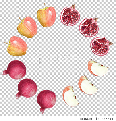 Pomegranate and apple whole and part watercolor wreath isolated on white. Hand-painted illustration perfect for culinary designs, kitchen, prints, cards, juice packages. Autumn harvest clip art 120827744