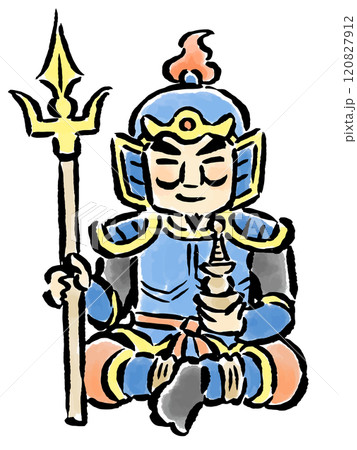 槍と宝塔持って座る毘沙門天　筆タッチ手描きイラスト 120827912