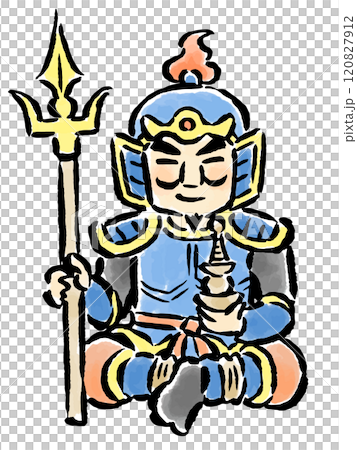 槍と宝塔持って座る毘沙門天　筆タッチ手描きイラスト 120827912