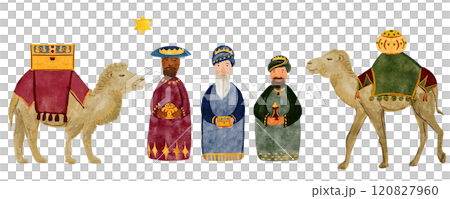 Wise men, camels, magi with gifts, Christmas star seamless border watercolor. Hand painted art for table cloth or runner, tape, celebration of true Christmas, decoration. Cute minimalistic clip art 120827960