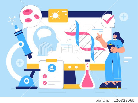 Biomarkers Vector Illustration featuring Biomarker DNA Biology Evidence, Nanotechnology, Structural Chemical Formulas, and Molecular Models 120828069