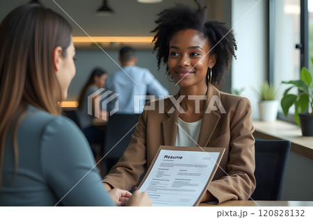 A young African American woman sits at a desk in a modern office, across from a colleague holding a resume 120828132