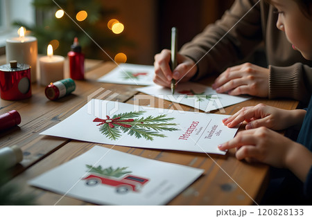 On a large wooden table, postcards, glue, glitter, and paints are spread 120828133