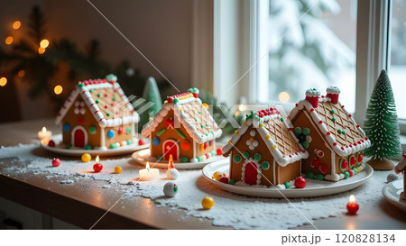 The kitchen table is filled with intricately designed gingerbread houses, adorned with vibrant icing and sweets 120828134