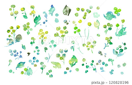 水彩画。水彩タッチの緑の植物イラスト。緑の葉っぱと草木のベクターフレーム。手書きの水彩草木背景 120828196