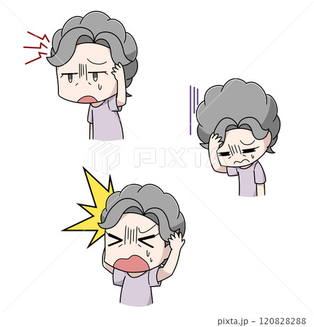 頭痛に苦しむ高齢女性のイラスト3パターン 120828288