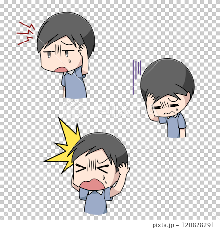 Three illustrations of men suffering from headaches Three illustrations of men suffering from headaches 120828291