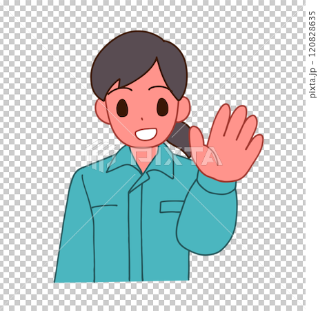 Illustration of a smiling deformed woman in work clothes greeting 120828635