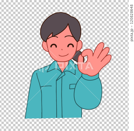 Illustration of a smiling deformed woman wearing work clothes saying OK Illustration of a smiling deformed woman wearing work clothes saying OK 120828648