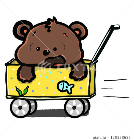 Cartoon bear in a camping trolley cartoon illustration, rushing trolley doodle drawing 120828655