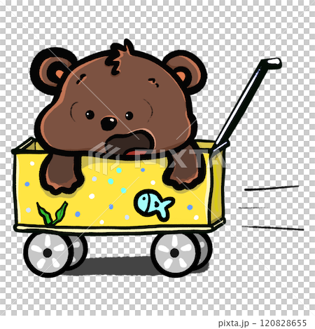 Cartoon bear in a camping trolley cartoon illustration, rushing trolley doodle drawing 120828655