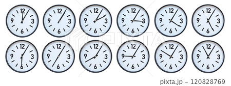 Set of photography of Isolated Minimalist Round Wall Clocks with Black Frames Showing Different Times from 12:05 to 11:05 for Deadline and Time Management Concepts 120828769