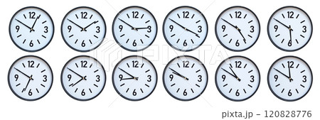 Set of photography of Isolated Minimalist Round Wall Clocks with Black Frames Showing Different Times from 12:50 to 11:50 for Deadline and Time Management Concepts 120828776
