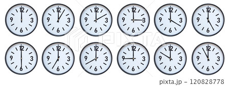 Set of photography of Isolated Minimalist Round Wall Clocks with Black Frames Showing Different Times from 12:00 to 11:00 for Deadline and Time Management Concepts Set of photography of Isolated Minimalist Round Wall Clocks with Black Frames Showing Different Times from 12:00 to 11:00 for Deadline and Time Management Concepts 120828778