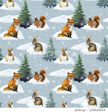 Winter season forest animals seamless pattern hand painted illustration. Winter time fox, squirrel, rabbit animals in snow piles with conifer trees. Perfect for wildlife nature mood design decoration 120828934
