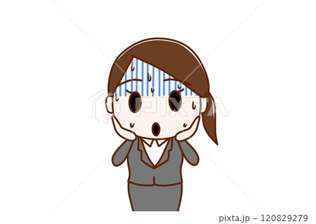(上半身正面)真っ青になって冷や汗をかきながら埴輪のような顔で慌てるスーツ姿の女性 (上半身正面)真っ青になって冷や汗をかきながら埴輪のような顔で慌てるスーツ姿の女性 120829279