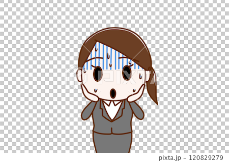 (上半身正面)真っ青になって冷や汗をかきながら埴輪のような顔で慌てるスーツ姿の女性 (上半身正面)真っ青になって冷や汗をかきながら埴輪のような顔で慌てるスーツ姿の女性 120829279