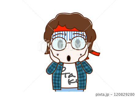 （上半身正面）真っ青になって冷や汗をかきながら埴輪のような顔で慌てるメガネをかけたオタク 120829280