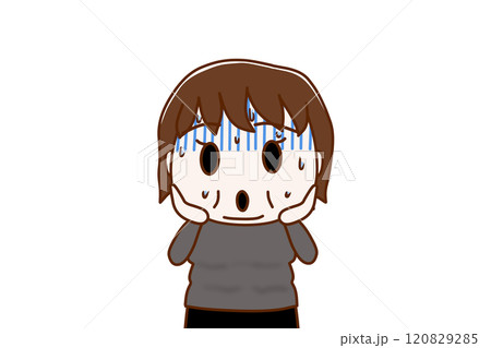 (上半身正面)真っ青になって冷や汗をかきながら埴輪のような顔で慌てる太った女性 (上半身正面)真っ青になって冷や汗をかきながら埴輪のような顔で慌てる太った女性 120829285