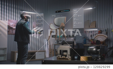 Professional craftsman in AR headset assembles chair in virtual space using AI-based software 120829299