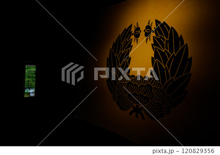 青森県の弘前市、弘前城内の津軽牡丹の家紋 120829356