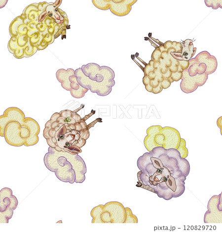 Pattern of funny cartoon sheep and clouds. Watercolor illustration for children's books, greeting cards, wrapping paper, fabric design, and other products targeting kids and families. 120829720