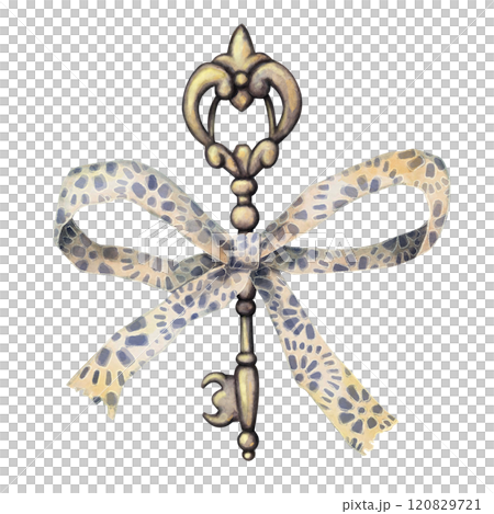 Vintage key tied with a blue-spotted ribbon in a bow shape. Can be used for illustrations in children's books, gift designs, postcards or party invitations. Decorative element for app, website or blog 120829721