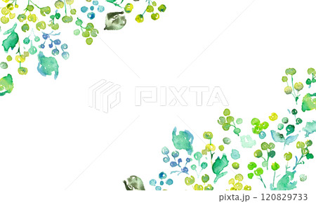 水彩画。水彩タッチの緑の植物イラスト。緑の葉っぱと草木のベクターフレーム。手書きの水彩草木背景。 120829733