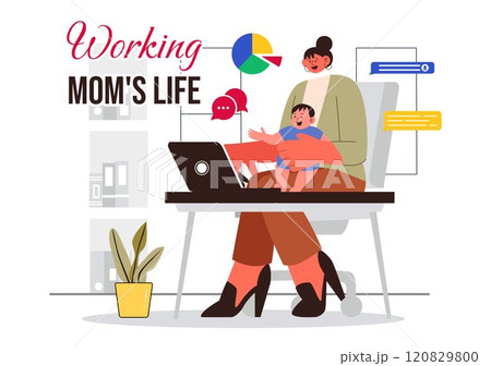 Working Mom's Life Vector Illustration Featuring a Mother Balancing Work and Childcare at Home, Multitasking in a Flat Style Cartoon Background 120829800