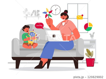 Working Mom's Life Vector Illustration Featuring a Mother Balancing Work and Childcare at Home, Multitasking in a Flat Style Cartoon Background 120829802
