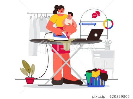 Working Mom's Life Vector Illustration Featuring a Mother Balancing Work and Childcare at Home, Multitasking in a Flat Style Cartoon Background 120829803