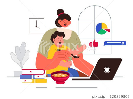 Working Mom's Life Vector Illustration Featuring a Mother Balancing Work and Childcare at Home, Multitasking in a Flat Style Cartoon Background 120829805