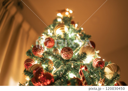 Christmas tree and ball decorations with small lights Christmas tree and ball decorations with small lights 120830450